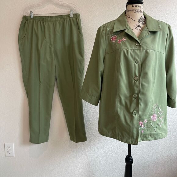 Allison Daley Womens‎ 18W Top Button Up Floral Embroidered  & 14P Pants Green - Picture 1 of 12
